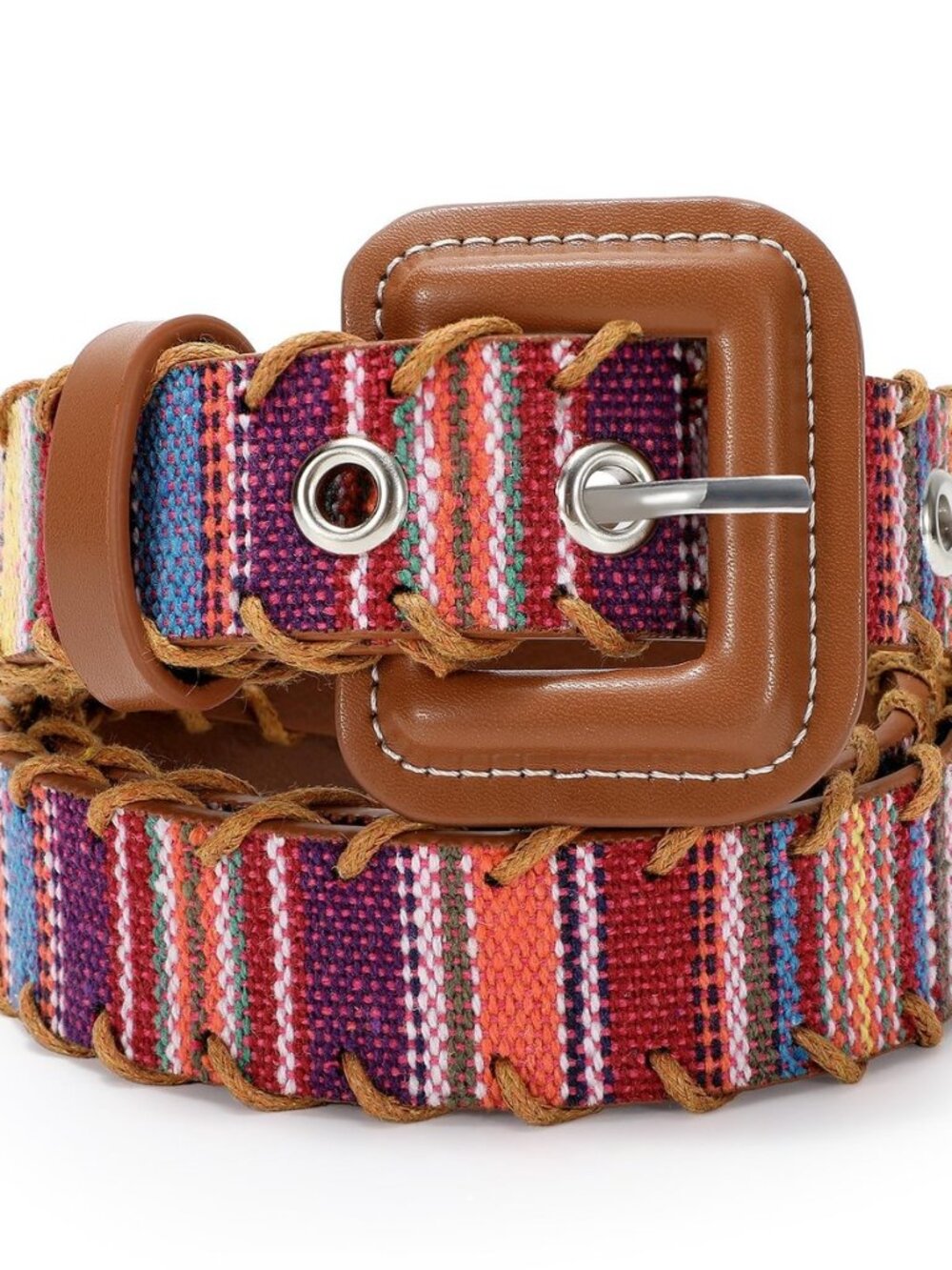 Woven Multicolor Belt for Women Boho Waist Belt with Square Buckle